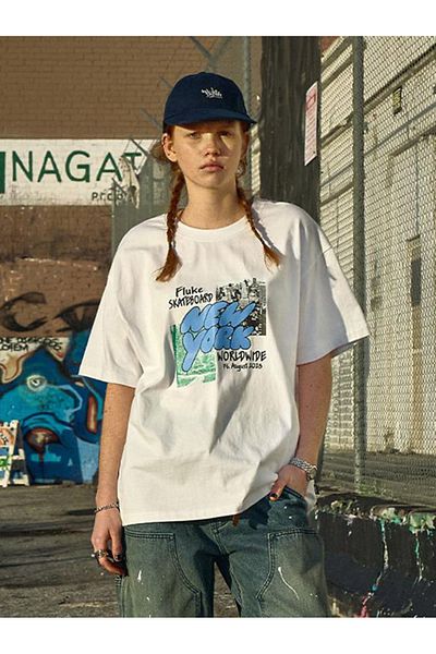 ELNOYA Unisex Cotton White Oversize "New York" Printed Crew Neck Casual T-Shirt