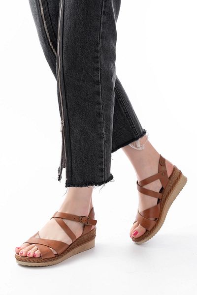 TB Terzi Bey 731-045 Tan Cross Genuine Leather Wedge Heeled Daily Women's Sandals