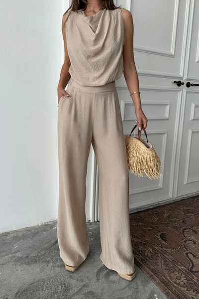 nedo7 Degaje Collar Sleeveless Bluz - Pants Suit - Beige