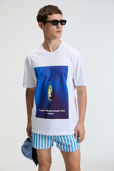 GRIMELANGE Zest Men's 100% Cotton Oversize Fit Printed Short Sleeve Round Neck White T-Shirt