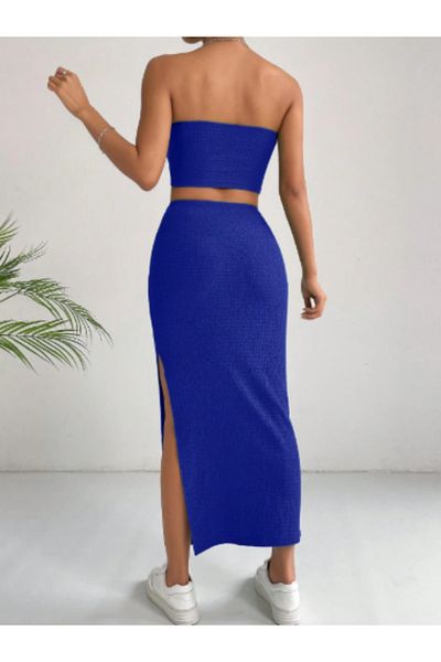 HEREN BUTİK Black Ribbed Strapless Crop Top & High Waist Slit Midi Skirt Set Double Combination