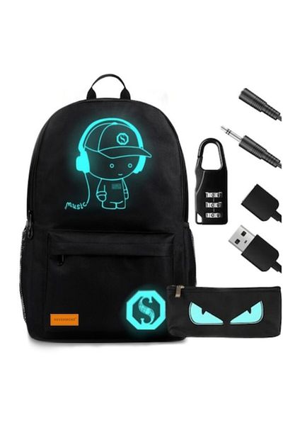 OEM Ghiozdan școlar NEVERMORE cu prelungitor USB, mufă pentru căști, lacăt cu combinație, penar, fosfor