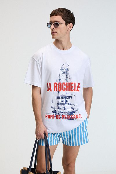 GRIMELANGE Crunch Men's Oversize 100% Cotton Printed Round Neck White T-Shirt