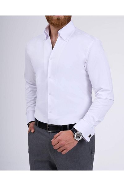 TerziAdemAltun Italian Style Slim Fit Stand Collar Double Cuff Men's Shirt White T11956