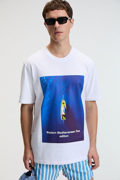 GRIMELANGE Zest Men's 100% Cotton Oversize Fit Printed Short Sleeve Round Neck White T-Shirt