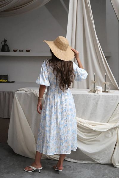 Lusin Rochie de muselină de vară căptușită cu model de flori albastre pentru femei