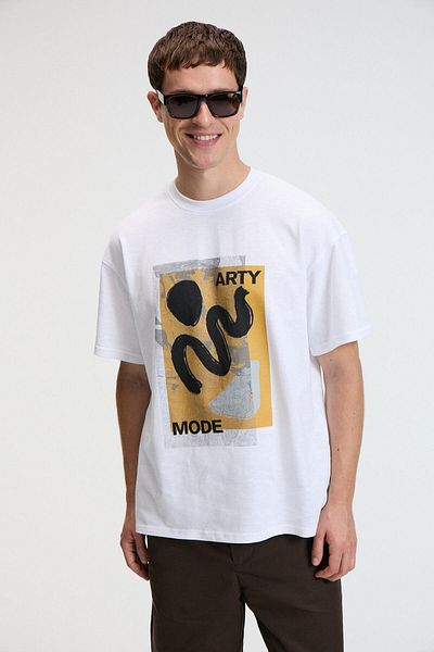 GRIMELANGE Vibe Men's 100% Cotton Oversized Fit Printed Short Sleeve Round Neck White T-Shirt