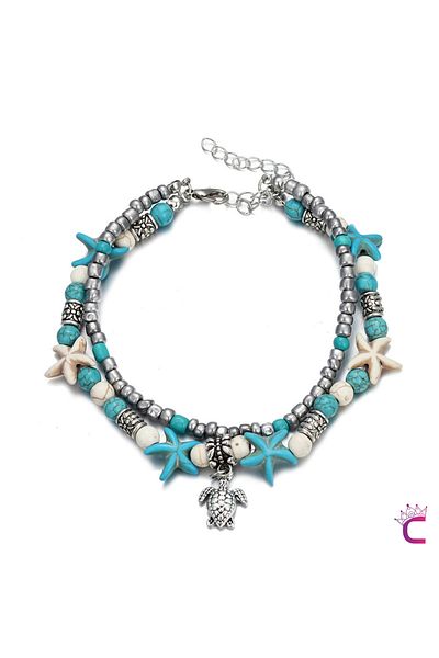 Cinderella Caretta Turtle Design Turquoise Starry Beaded Women's Anklet - Sea Combination Natural Stone Anklet