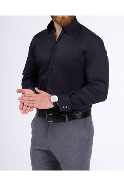 TerziAdemAltun Italian Style Slim Fit Stand Collar Double Cuff Men's Shirt Black T11954