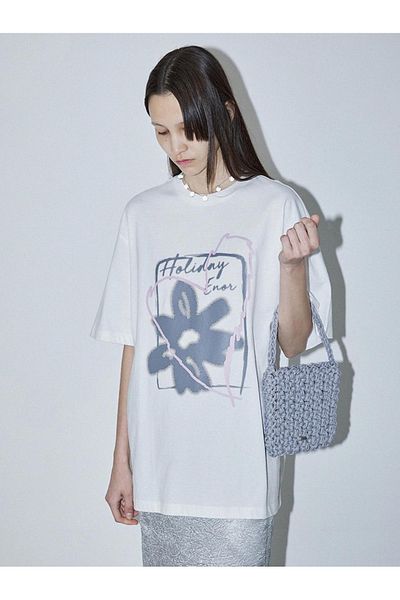 ELNOYA Unisex Cotton White Oversize "Holiday" Printed Crew Neck Casual T-Shirt
