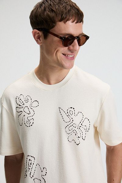 GRIMELANGE Baggy Men's 100% Cotton Oversize Fit Printed Short Sleeve Round Neck Vanilla T-Shirt
