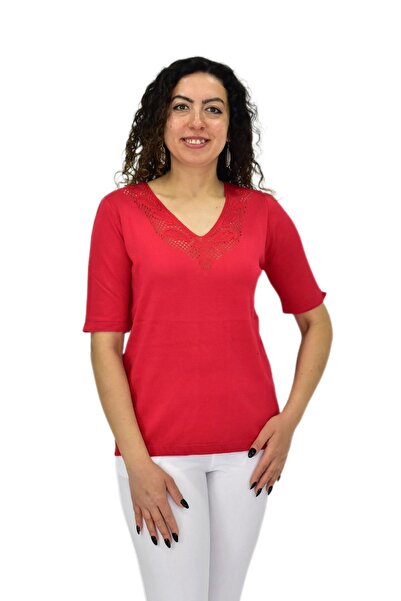 lavella Women's Half Sleeve V Neck Collar Back Detailed Knitwear Tişört 12835 Bgl-St04657