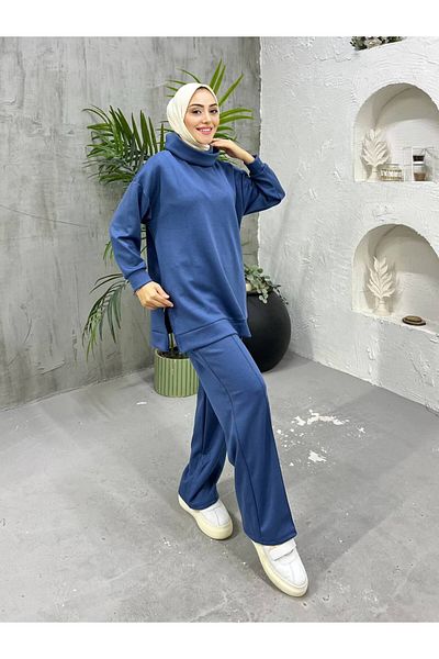 zümrüt moda Two-Piece Tracksuit Set with Side Zipper Detail High Neck Tunic and Pants 1762