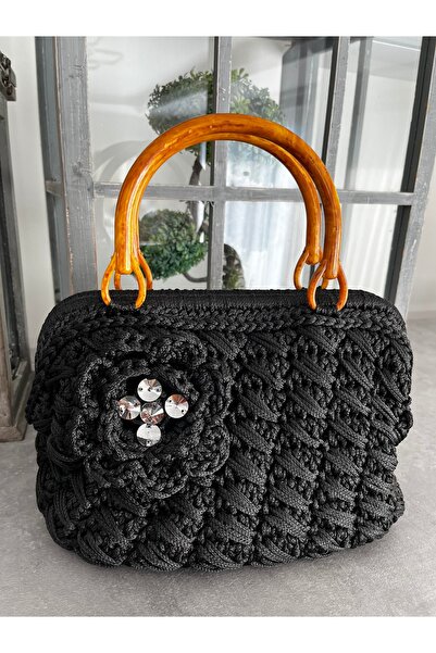 GÜLHOBİTASARIM Black Knitted Handbag Stone Bag