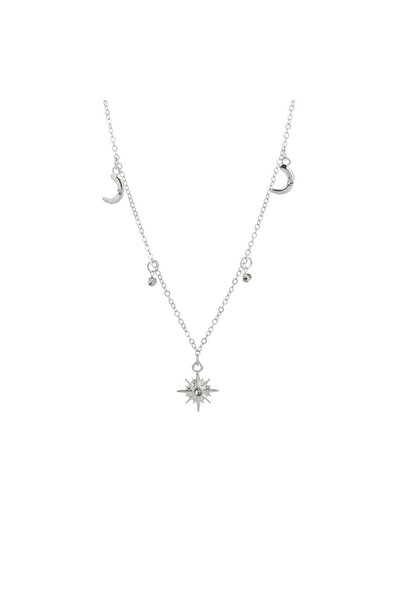 Sprise Colier Femei, Model Semiluna si Stele, Culoare Argintie