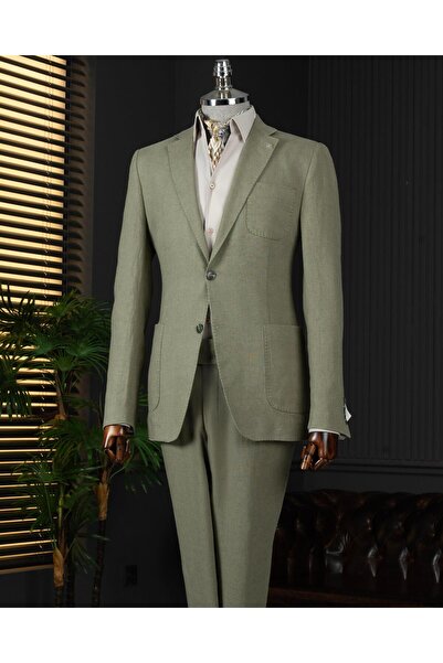 TerziAdemAltun Ανδρικό μπουφάν με μονό γιακά ιταλικού στυλ με λεπτή εφαρμογή χακί T13790