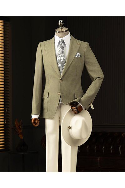 TerziAdemAltun Italian Style Slim Fit Pointed Collar Men's Single Jacket Green T13933