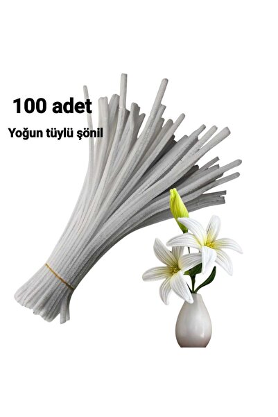 hyc heryerçiçeklenir 100 Adet Beyaz Şönil, Çiçek Yapımına Uygun Tüylü Tel, 30...