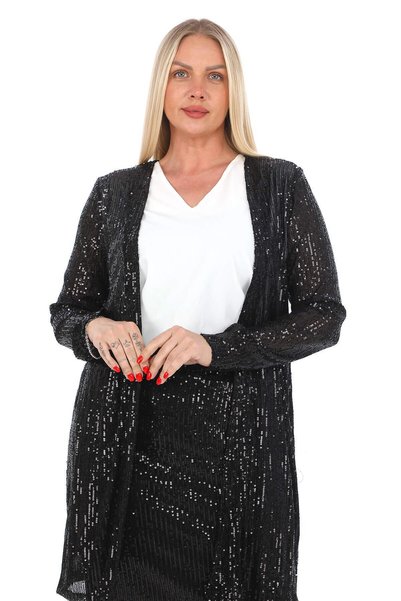 angelino butik Büyük Beden Pul Payet Etek Ceket Bluz 3 Parça Takım Siyah GLS5346si