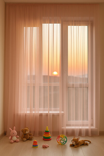 Ran Perde Çocuk Odası Dökümlü Düz Tül Perde - Pudra - Pileli Dikim 1x2,5 Pile