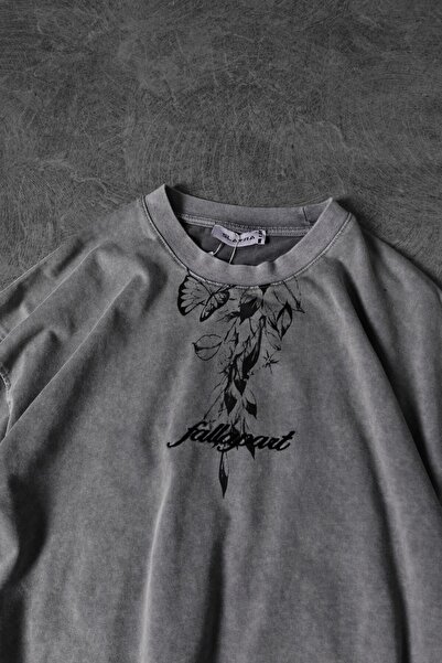 Slatra Ανδρικό γκρι Fallapart προσαρμοσμένο πλυμένο ύφασμα μπλουζάκι μεγάλου μεγέθους