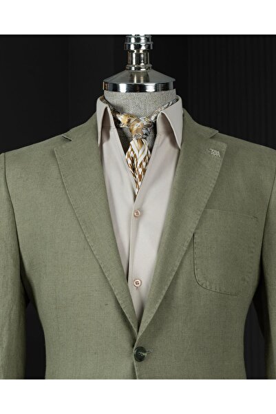 TerziAdemAltun Ανδρικό μπουφάν με μονό γιακά ιταλικού στυλ με λεπτή εφαρμογή χακί T13790