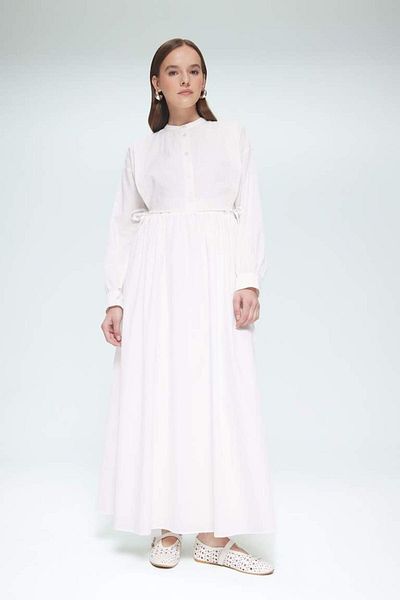 DeFacto New Season Relax Fit Crew Neck Belted Poplin Long Sleeve Maxi Hijab Dress