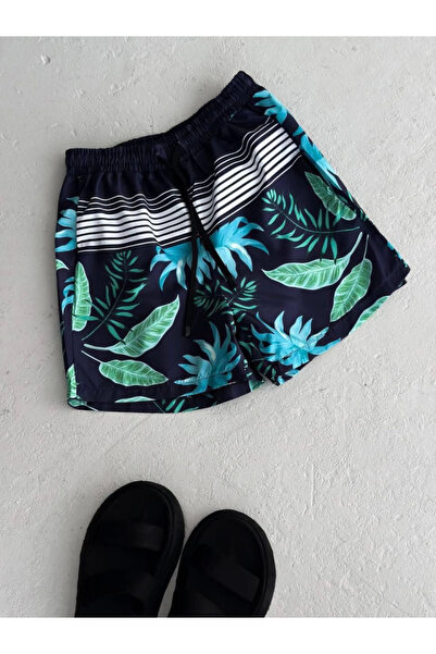 DUOF Men's Palm Patterned Sea Pocket Shorts - Blue