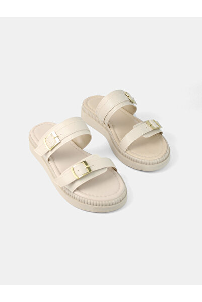 MAGGIO Beige Women's Comfortable Sole Double Gold Color Buckle Slippers