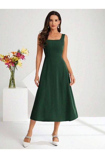 Butik Women's Strap Square Neck Midi Imported Crepe Dress