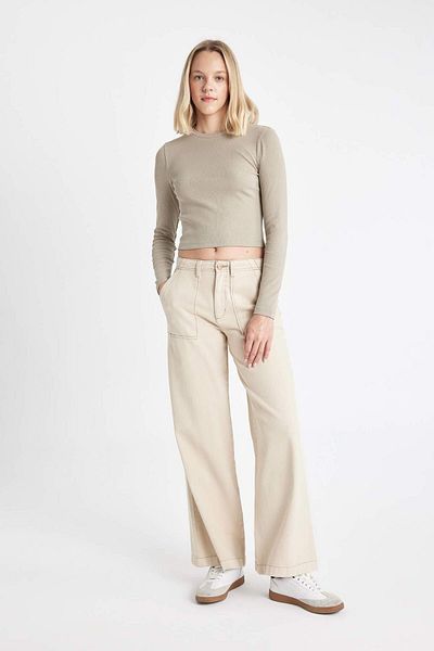 DeFacto Fitted Crew Neck Ribbed Camisole Basic Plain Long Sleeve T-Shirt Y9870Az24Au