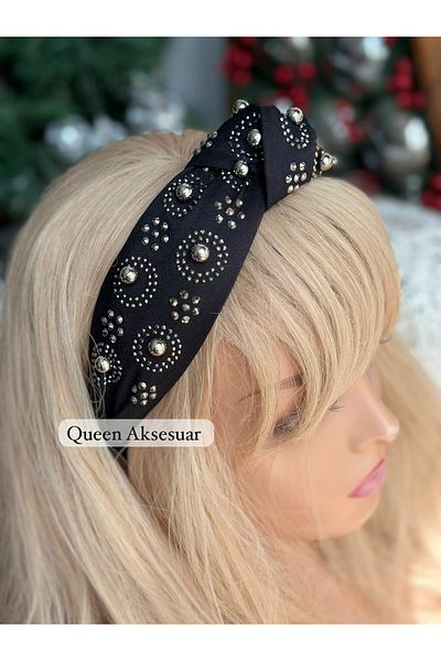 QUEEN AKSESUAR Luxury Metallic Staple Stone Pearl Processing Motif Denim Fabric Thick Knot Women's Crown Black Wide Crown