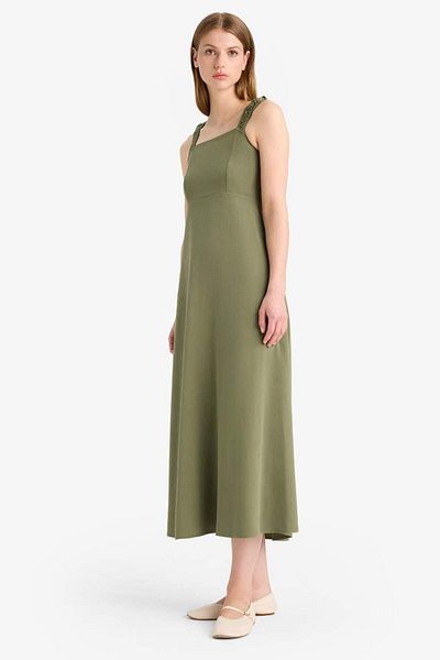 DeFacto New Season Square Neck Linen Blend Short Sleeve Midi Dress