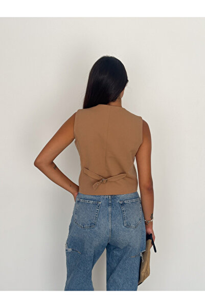 diaves Γυναικείο κοντό γιλέκο με λαιμόκοψη V με υφαντό ύφασμα που ταιριάζει στο σώμα βιζόν