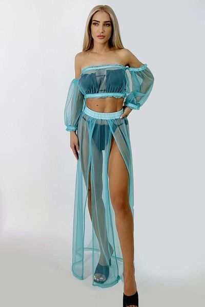 FashionForYou Naila beach set, made of mesh, with skirt and short top, Turquoise, One Size S/M