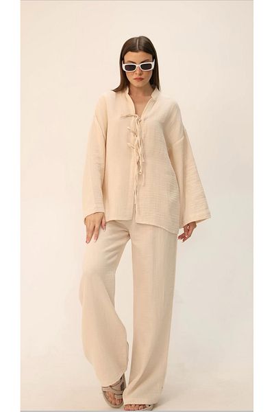 LEYLA SAĞLAM Women's Muslin Fabric Front Lace Bluz Pants Double Set
