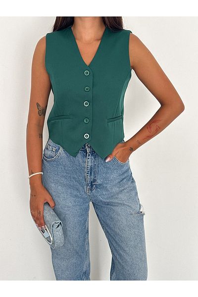 diaves Women's Green Body Fitting Woven Fabric Lined V-Neck Short Vest