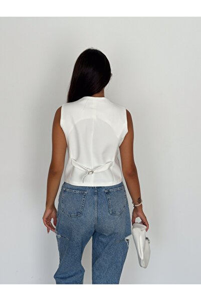 diaves Women's White Body Fitting Woven Fabric Lined V-Neck Short Vest