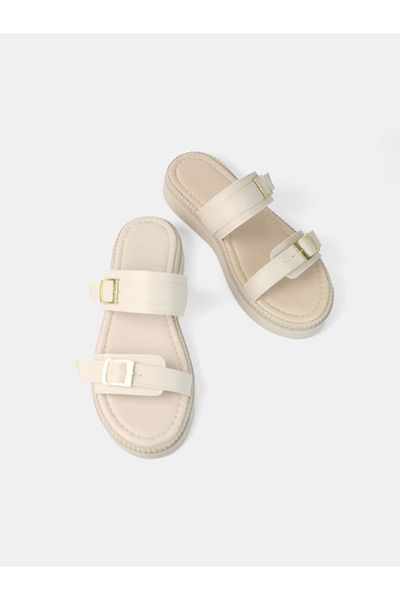 MAGGIO Beige Women's Comfortable Sole Double Gold Color Buckle Slippers