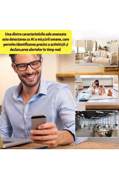 SIKS Mini cameră spion WiFi Full HD 1080p SIKS, unghi larg, detectare mișcare umană prin inteligență artificială