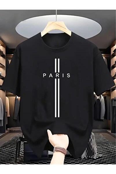PALPİTO Erkek Siyah İki Çizgili Paris Baskılı Oversize T-Shirt