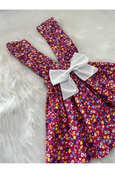 Eylülce Butik Girl's Burgundy Floral Bow Ruffle Strap Salopet Dress (Made from 100% Cotton Fabric.)