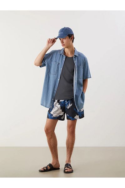 LC Waikiki Мъжки бански шорти с шарки, тъмносини, LCW ECO