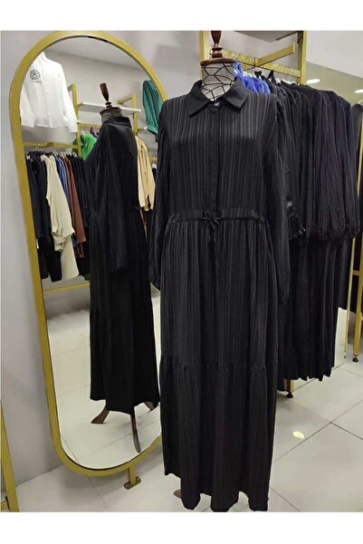 Yağmur Keten Önden Düğmeli Beli Büzgülü Siyah Elbise