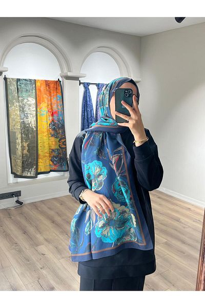 Merwiss Sunrise Flower Pattern Shawl - Navy Blue