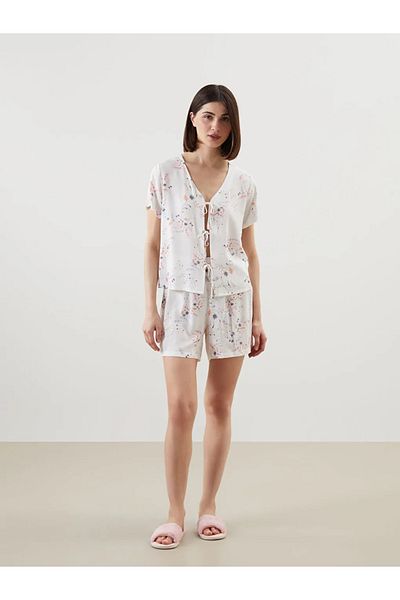 LC Waikiki Lcw Dream Ecru V-Neck Floral Women's Shorts Pajama Set
