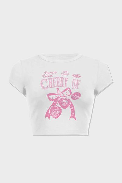 3 ROPE Cherry on Ribbon Bow Printed 100% Cotton Crop T-Shirt Blouse White