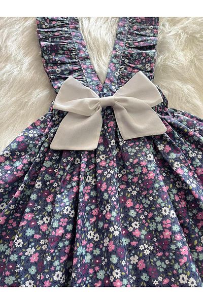 Eylülce Butik Girl's Purple Flowered Bow Ruffle Strap Salopet Dress (Made from 100% Cotton Fabric.)
