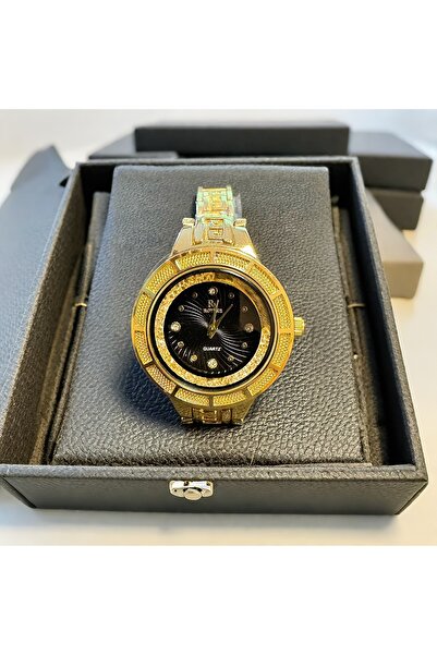 MR Zirkon Taşlı Desenli Siyah Kadranlı Gold Saat