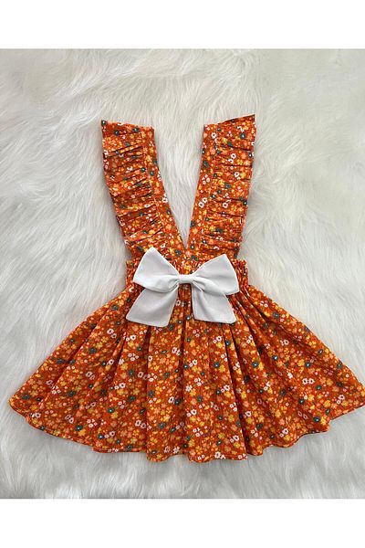 Eylülce Butik Girl's Orange Flowered Bow Ruffle Strap Salopet Dress (Made from 100% Cotton Fabric.)